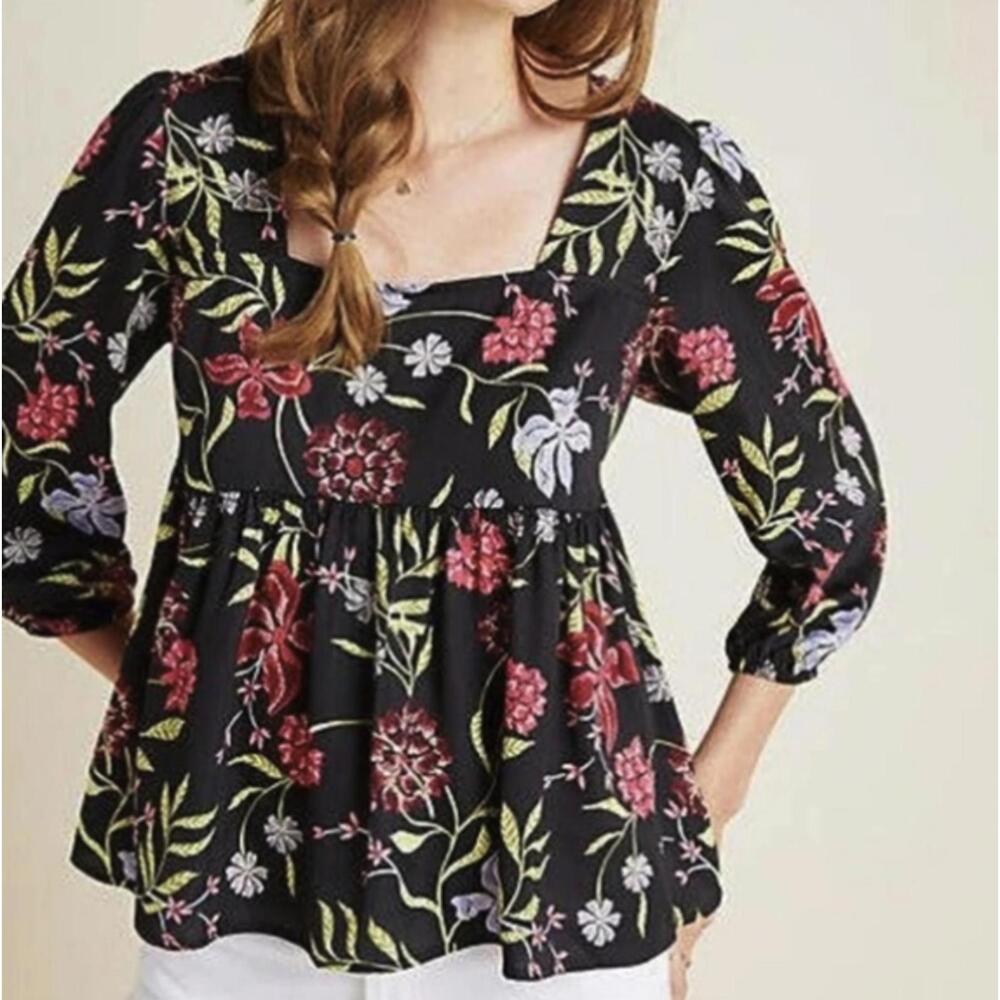 Dolan from Anthropologie Black Cherie Floral 3/4 Sleeve Peplum Top - Size - XS